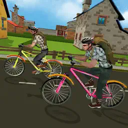 男孩学校自行车城市赛跑: 骑自行车到学校